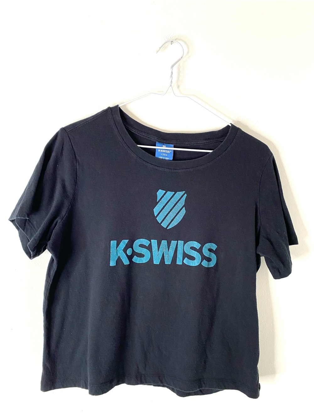 Vintage K-Swiss Black Crop Tee Blue Logo Graphic Crew Neck Y2K Streetwear